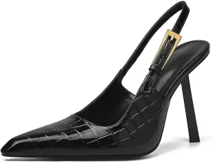 Slingback Closed Pointed Toe Heels Pumps Backless Shoes for Women Metal Ankle Strap Buckle Slip-on Dressy Wedding