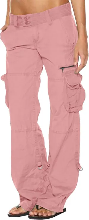 SMIDOW Low Rise Cargo Pants for Women Plus Size Baggy Stretchy Wide Leg Pants Pockets Y2K Streetwear Combat Military Trousers