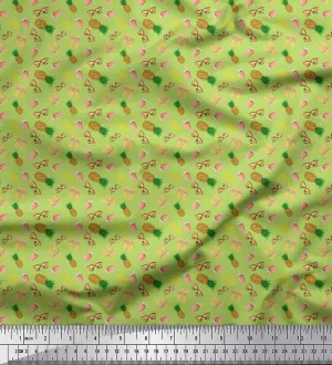 Soimoi Japan Crepe Green Fabric - by The Yard - 42 Inch Wide - Pineapple, Slippers & Goggles Fashion Material - Playful and Tropical Patterns for Stylish Creations Printed Fabric