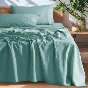 SONORO KATE 100% French Pure Linen Sheets, Breathable and Durable Line King Size Sheets, Anti-Tear Line Bed Sheets, Machine Washable, 16 Inch Deep Pocket - 4 Piece (Aqua, King)