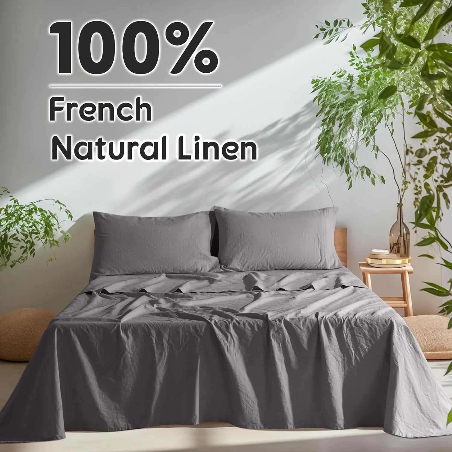 SONORO KATE 100% French Pure Linen Sheets, Breathable and Durable Line King Size Sheets, Anti-Tear Line Bed Sheets, Machine Washable, 16 Inch Deep Pocket - 4 Piece (Dark Grey, King)