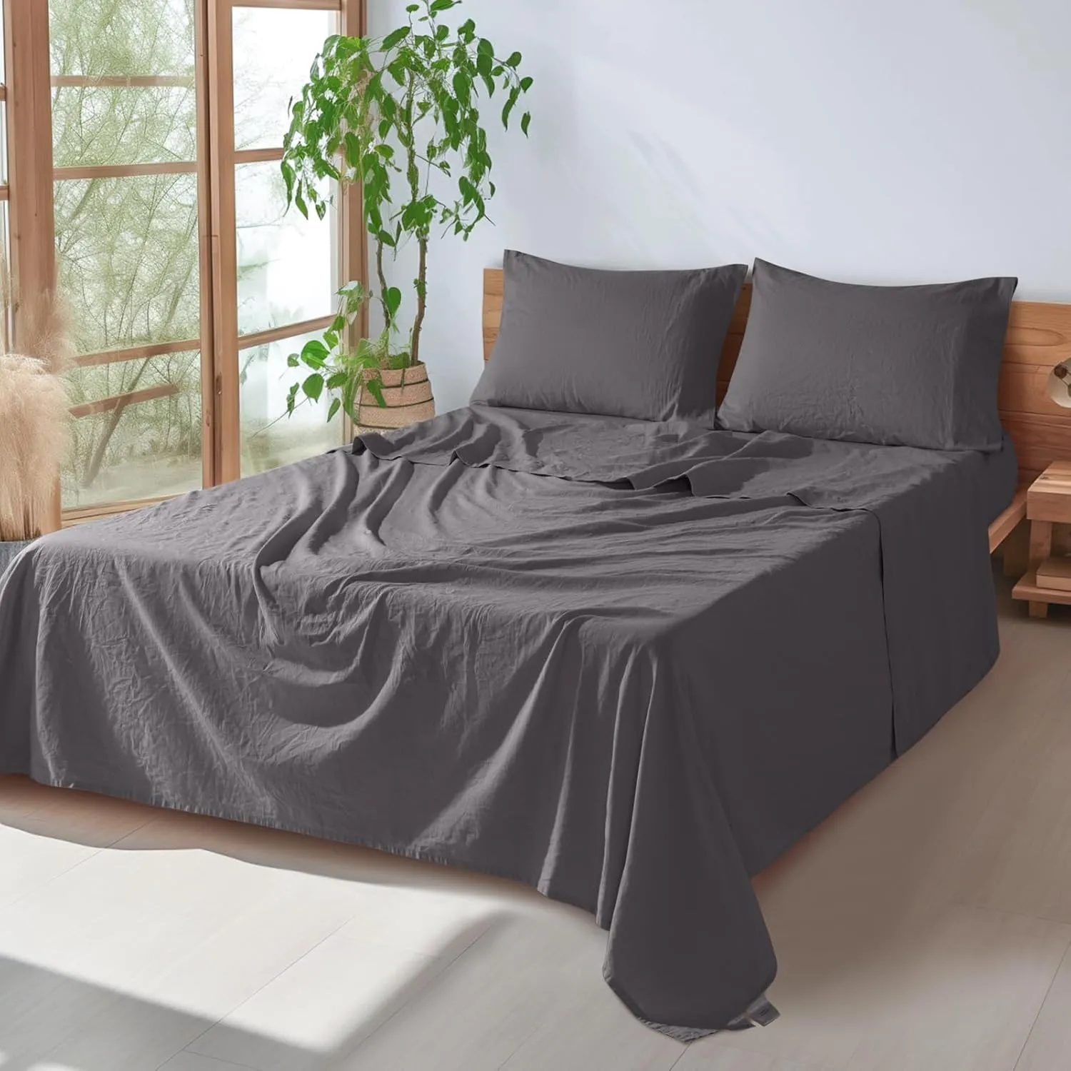 SONORO KATE 100% French Pure Linen Sheets, Breathable and Durable Line King Size Sheets, Anti-Tear Line Bed Sheets, Machine Washable, 16 Inch Deep Pocket - 4 Piece (Dark Grey, King)