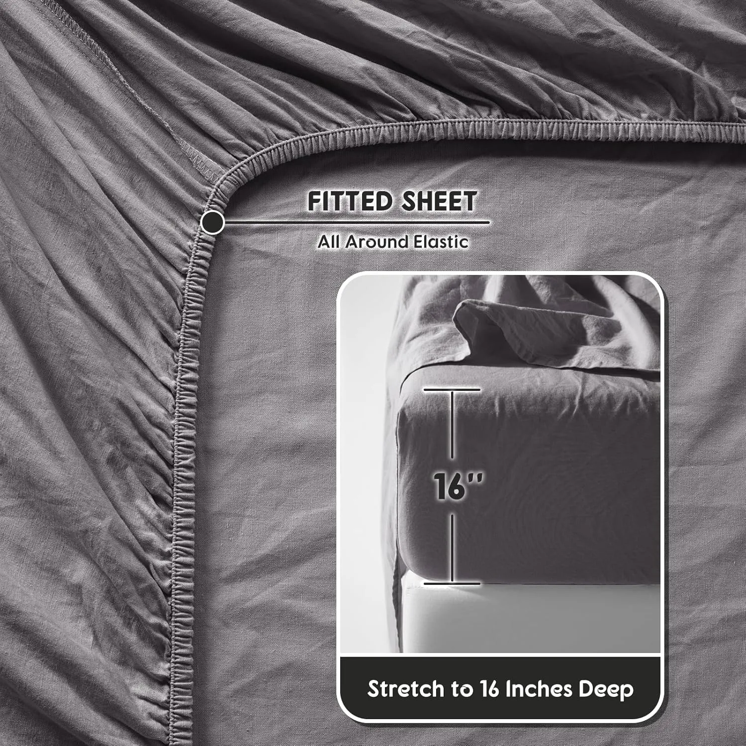 SONORO KATE 100% French Pure Linen Sheets, Breathable and Durable Line King Size Sheets, Anti-Tear Line Bed Sheets, Machine Washable, 16 Inch Deep Pocket - 4 Piece (Dark Grey, King)