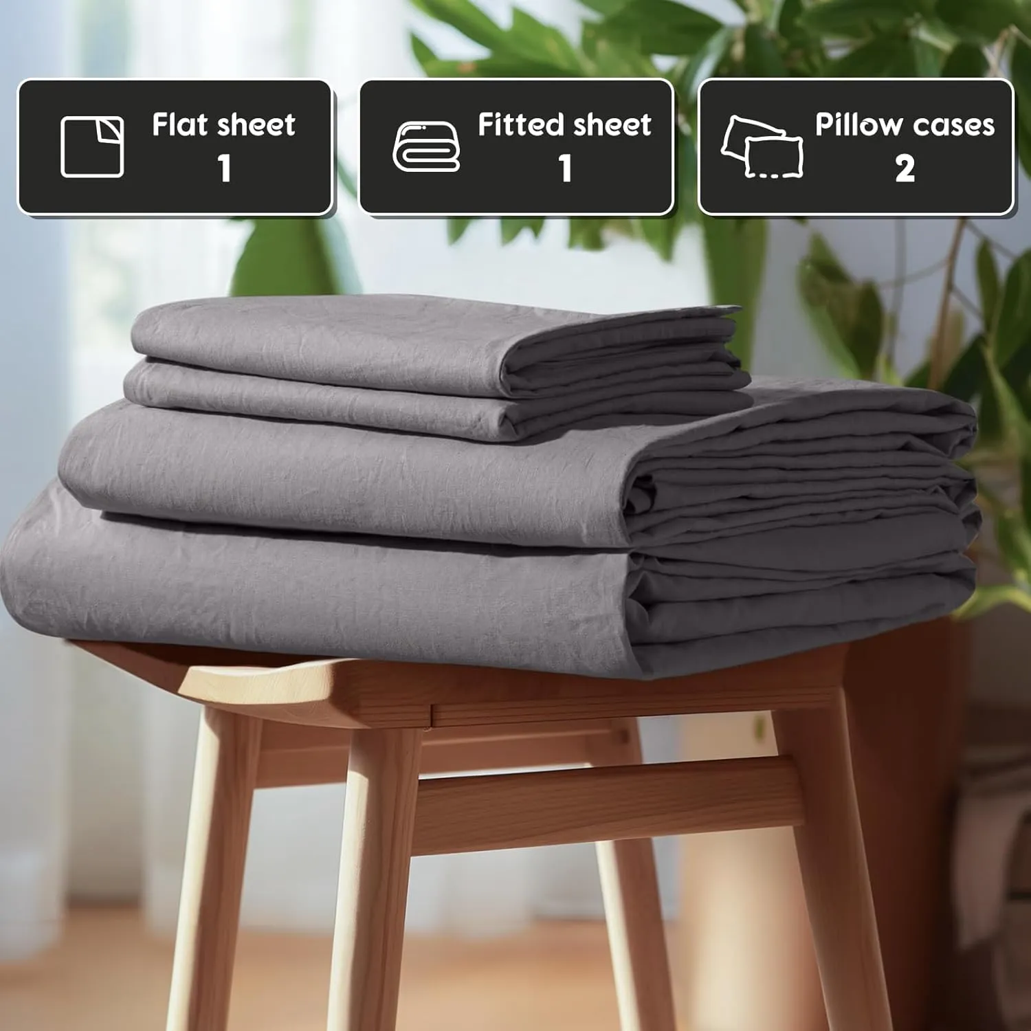 SONORO KATE 100% French Pure Linen Sheets, Breathable and Durable Line King Size Sheets, Anti-Tear Line Bed Sheets, Machine Washable, 16 Inch Deep Pocket - 4 Piece (Dark Grey, King)