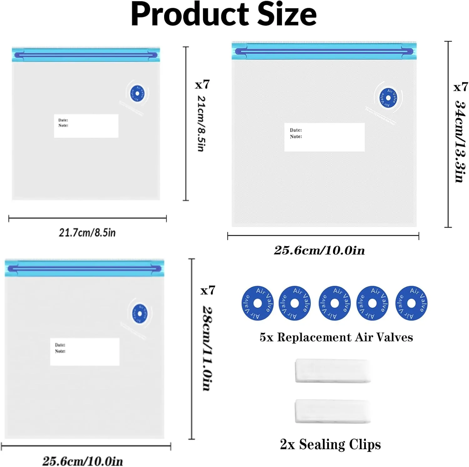 Sous Vide Bags 28Pcs, BPA Free Reusable, with Air Valve, Double-Layered Food Storage for Cooking, Food Storage, and Microwave Heating. 3 Size 21 Vacuum Zipper Bags, 2 Seal Clips, and 5 Air Valves.