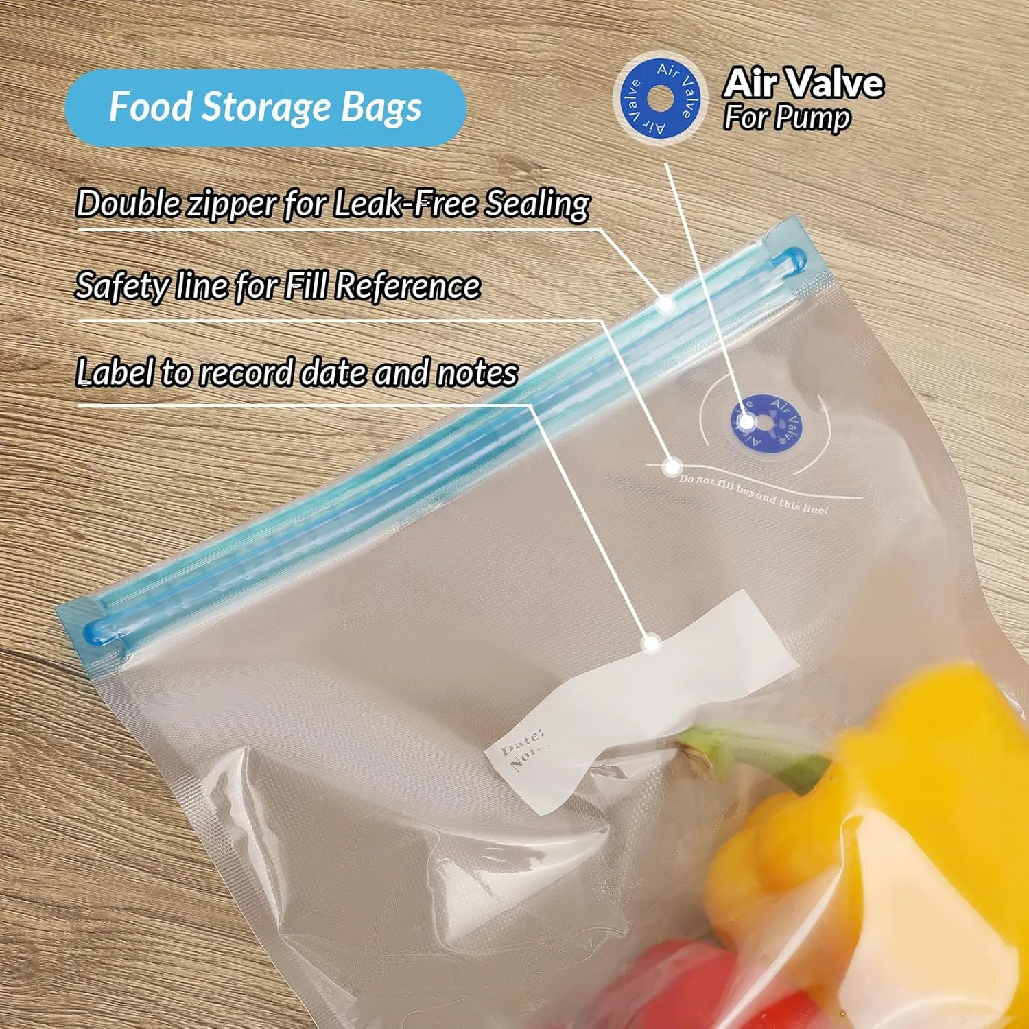 Sous Vide Bags 28Pcs, BPA Free Reusable, with Air Valve, Double-Layered Food Storage for Cooking, Food Storage, and Microwave Heating. 3 Size 21 Vacuum Zipper Bags, 2 Seal Clips, and 5 Air Valves.