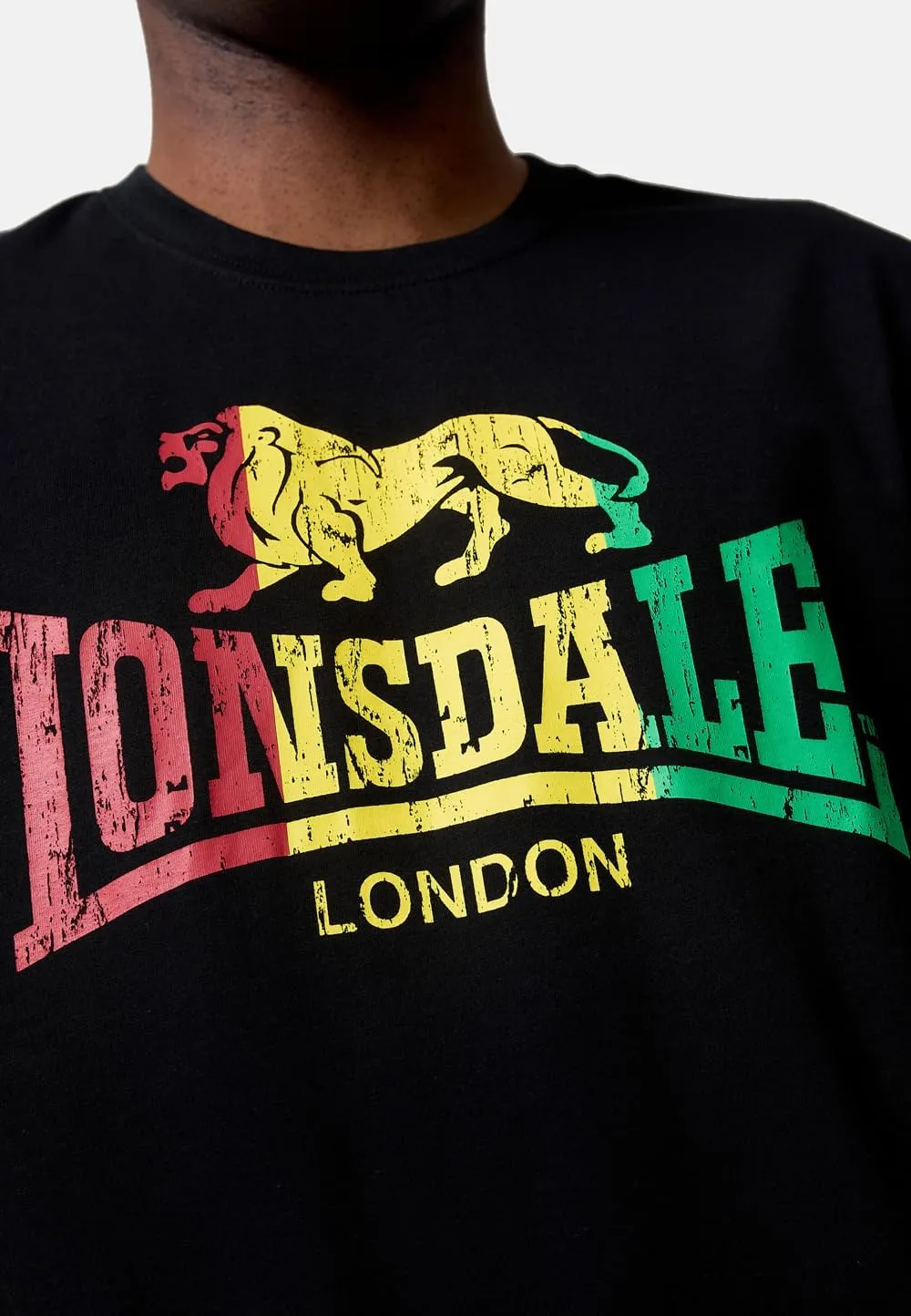 Spirit of England Lonsdale Mens Black T-Shirt with Multicoloured Reggae Lion Logo Regular-Fit
