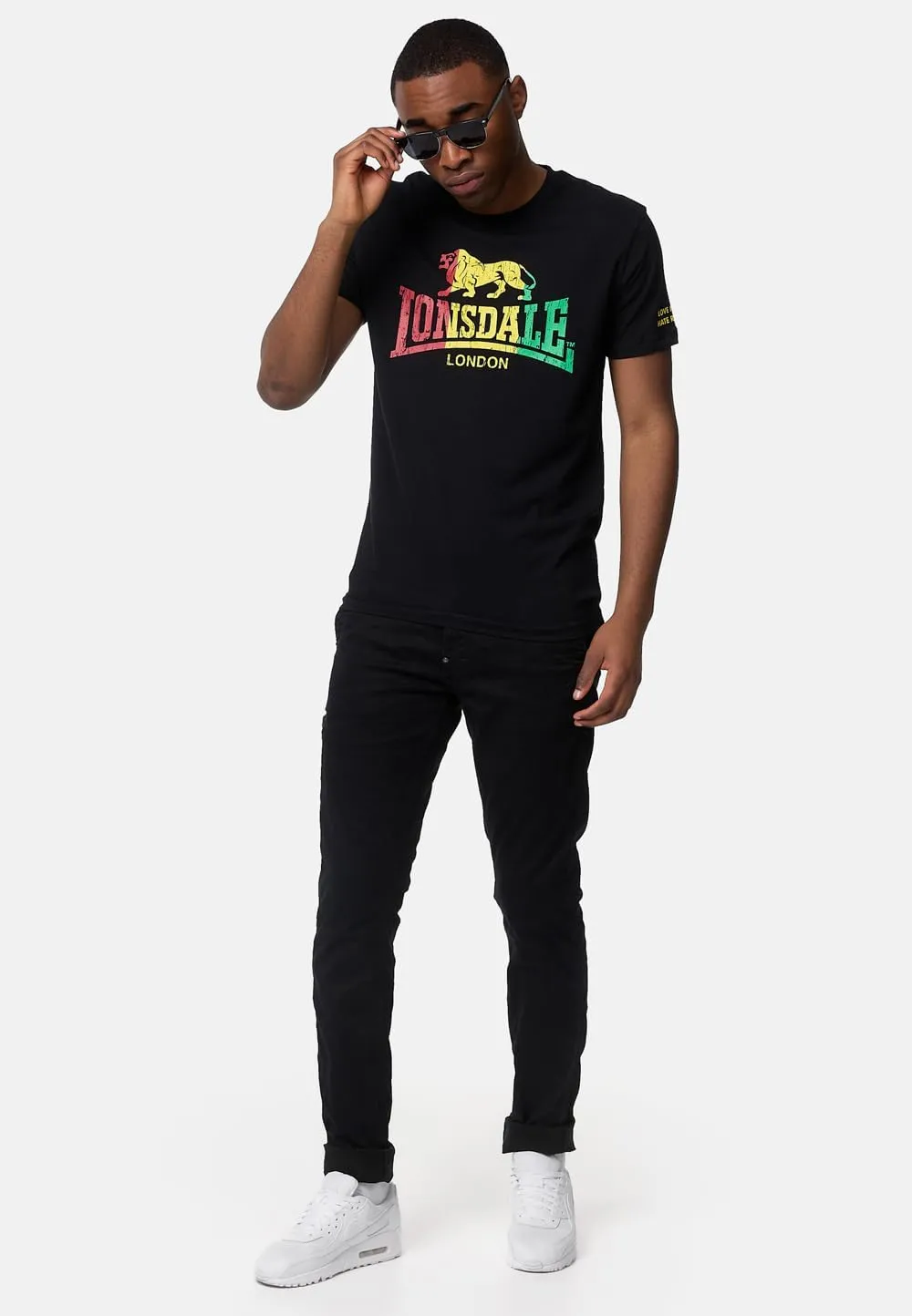 Spirit of England Lonsdale Mens Black T-Shirt with Multicoloured Reggae Lion Logo Regular-Fit