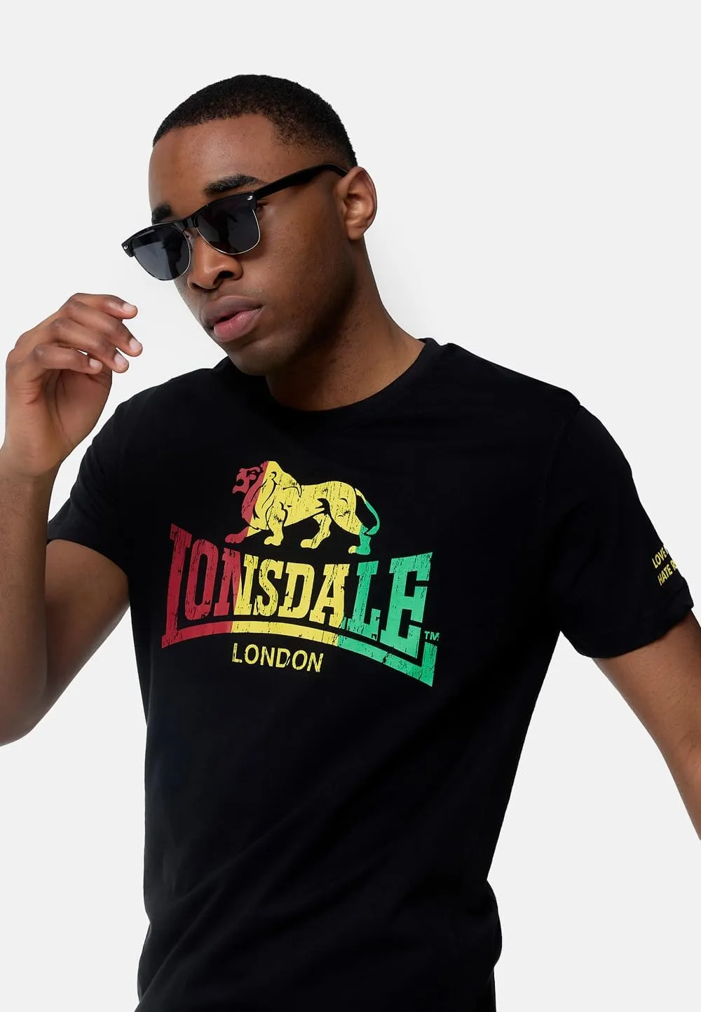 Spirit of England Lonsdale Mens Black T-Shirt with Multicoloured Reggae Lion Logo Regular-Fit
