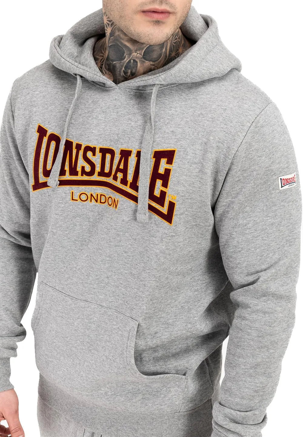 Spirit of England Lonsdale Men´s Grey Hoodie Sweatshirt Classic Logo Flock Print Slim-Fit