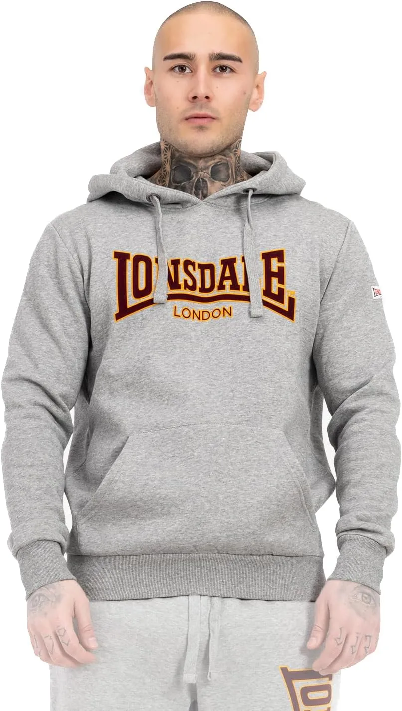 Spirit of England Lonsdale Men´s Grey Hoodie Sweatshirt Classic Logo Flock Print Slim-Fit