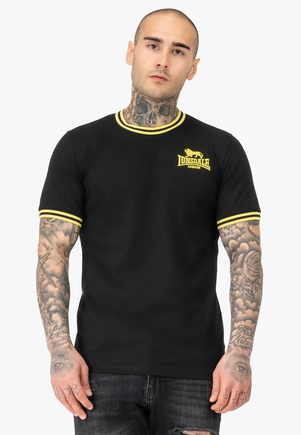 Spirit of England Lonsdale Men's T-Shirt Premium Black Embroidered Yellow Logo 100% Cotton Slim-Fit