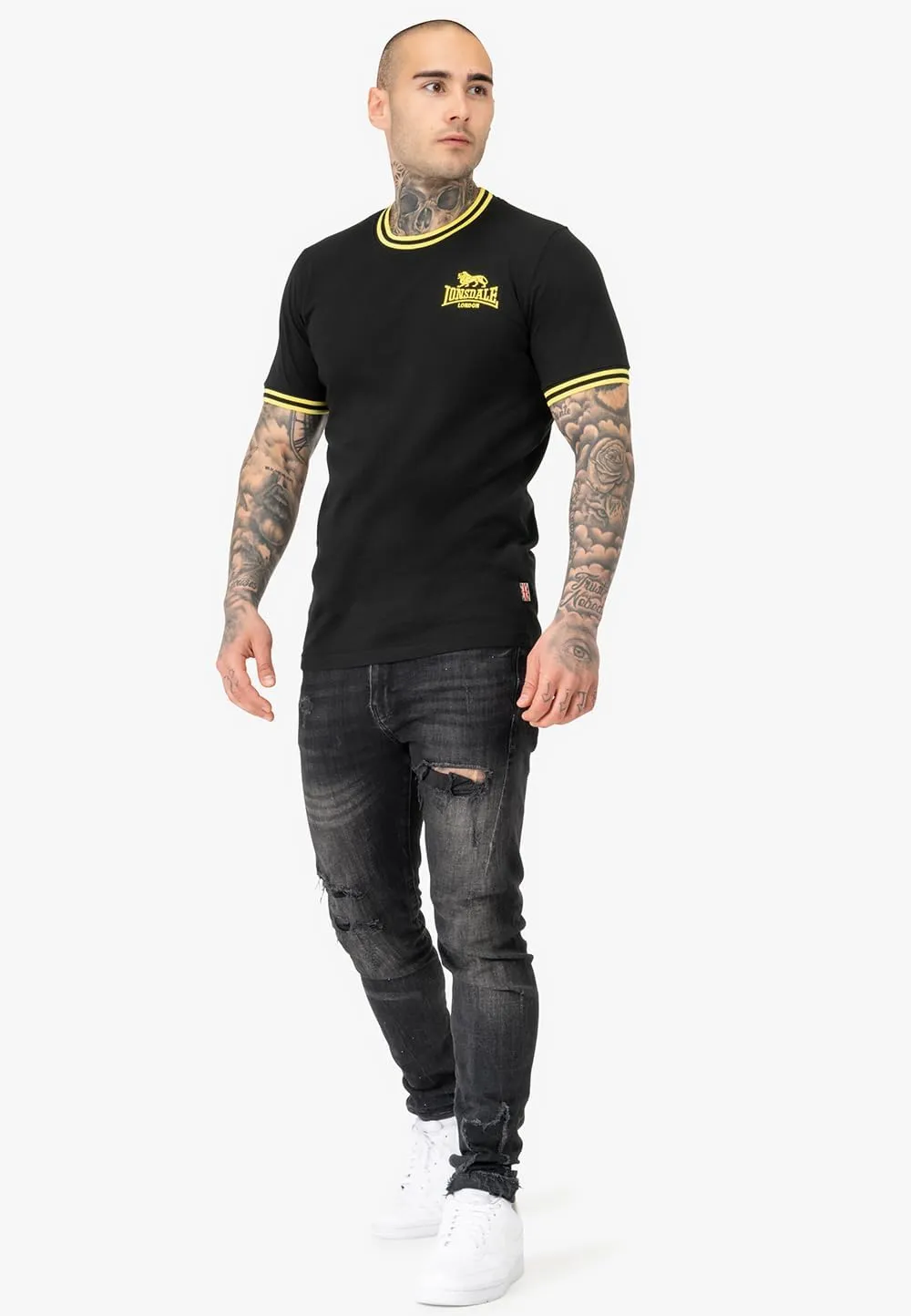 Spirit of England Lonsdale Men's T-Shirt Premium Black Embroidered Yellow Logo 100% Cotton Slim-Fit