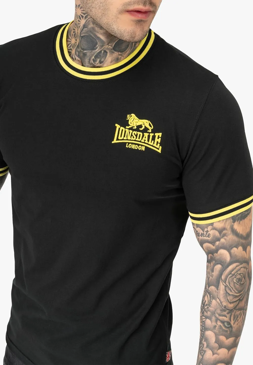 Spirit of England Lonsdale Men's T-Shirt Premium Black Embroidered Yellow Logo 100% Cotton Slim-Fit