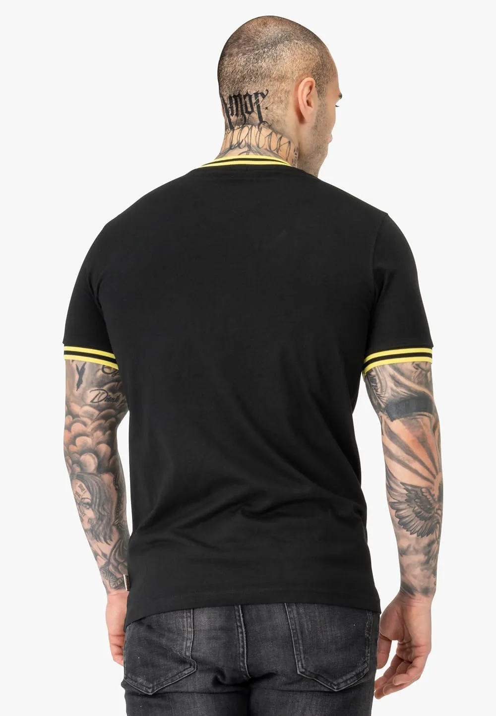Spirit of England Lonsdale Men's T-Shirt Premium Black Embroidered Yellow Logo 100% Cotton Slim-Fit