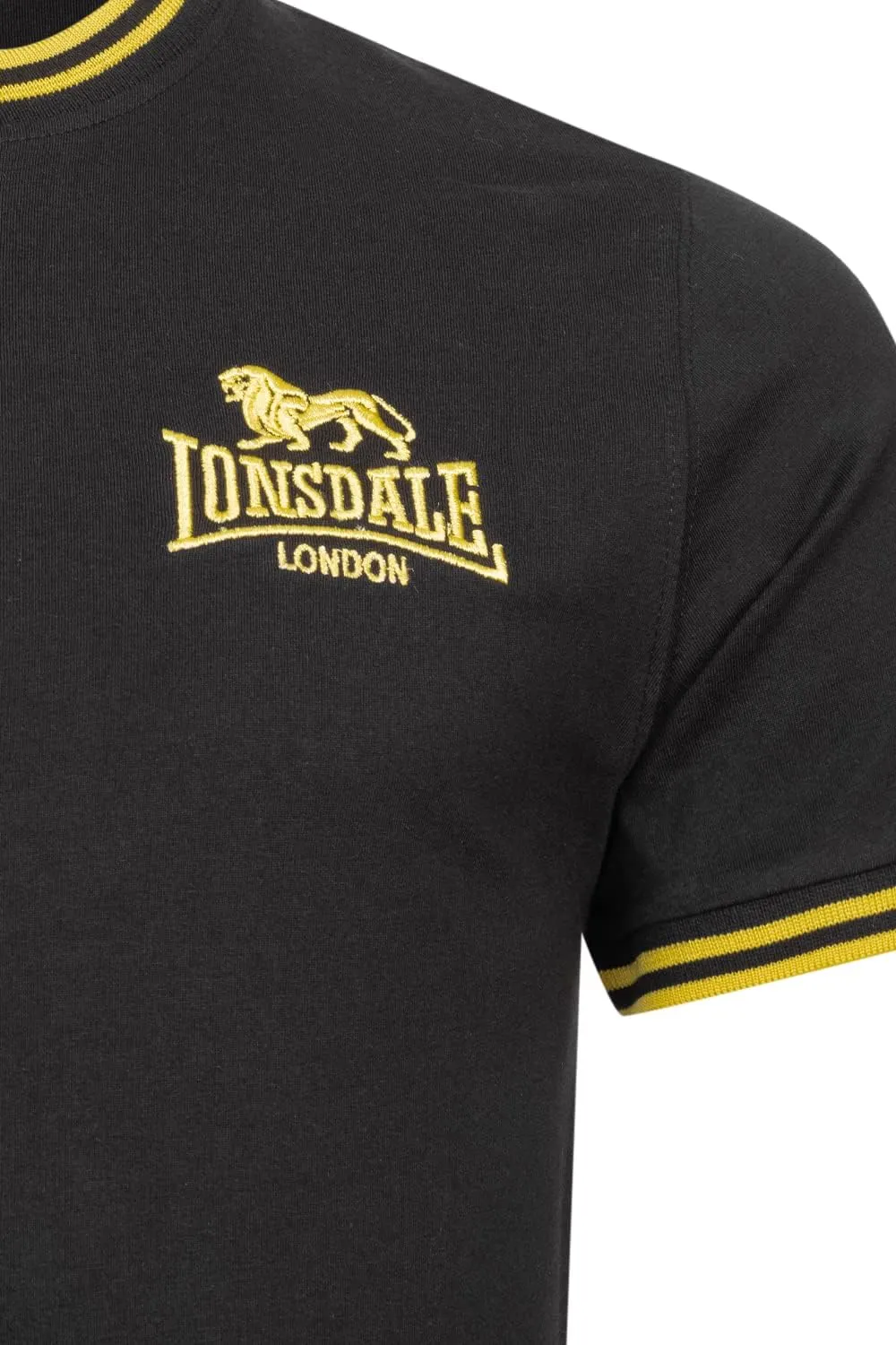 Spirit of England Lonsdale Men's T-Shirt Premium Black Embroidered Yellow Logo 100% Cotton Slim-Fit