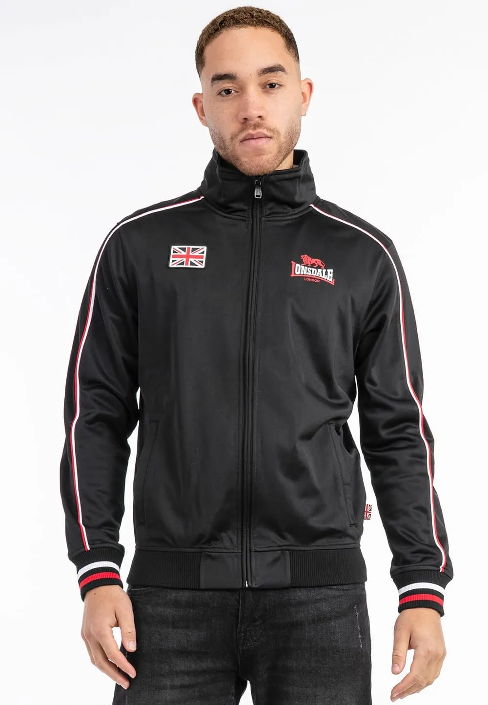 Spirit of England Lonsdale Mens Tricot Training Jacket Black Tracksuit Top Sport Regular-Fit