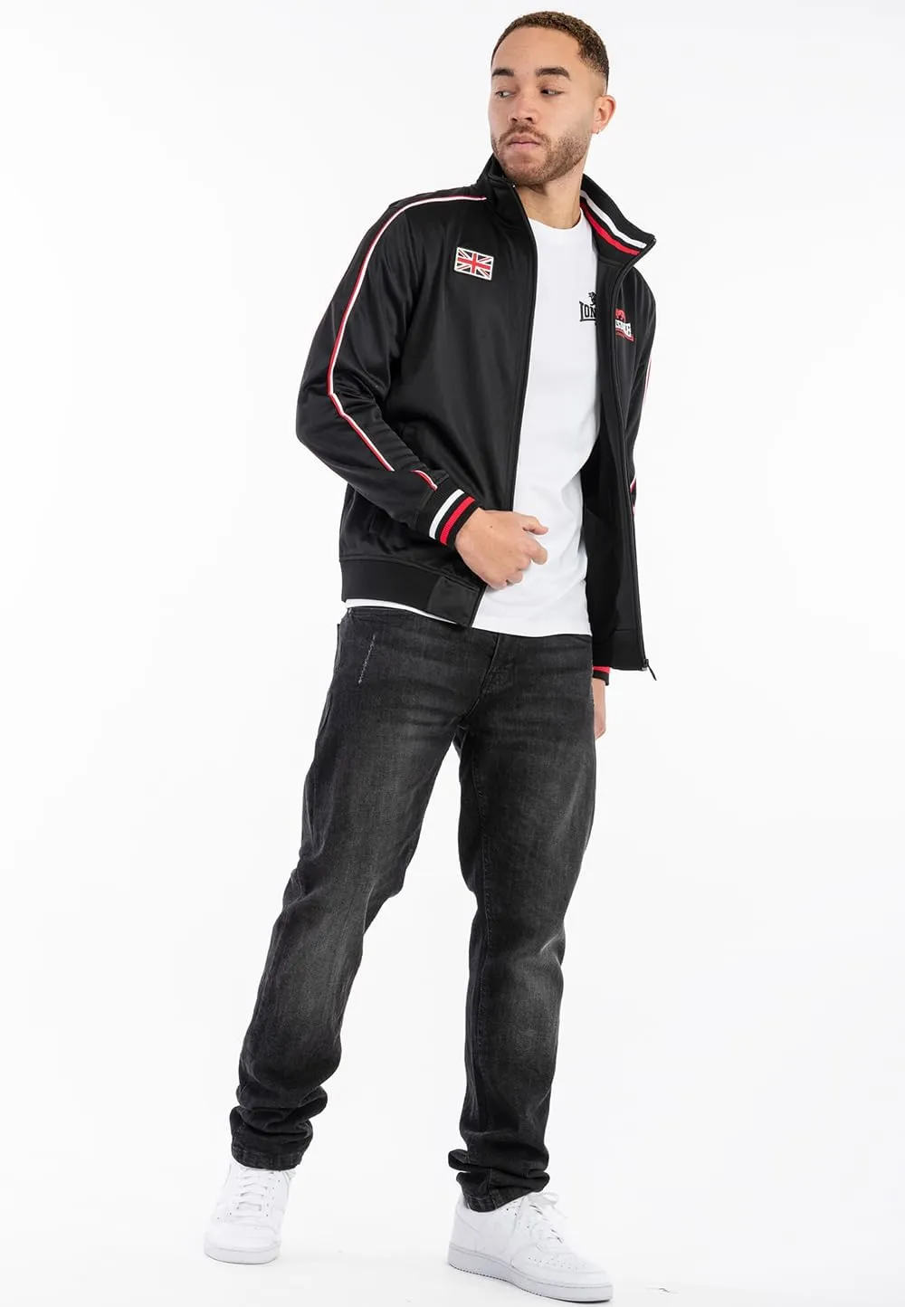 Spirit of England Lonsdale Mens Tricot Training Jacket Black Tracksuit Top Sport Regular-Fit
