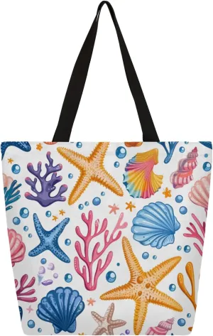 Starfish Coral Shell Watercolour Large Capacity Canvas Tote Bag Stylish Handheld Shoulder Bag Reusable Shopping Bag for Work Travel Beach Trips Shopping