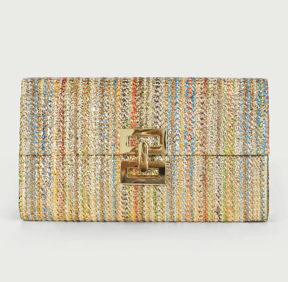 Straw Clutch Purse for Women Chic Color Blocked Evening Handbag Summer Beach Shoulder Bag Travel Party Chain Purse