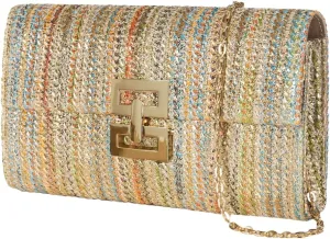 Straw Clutch Purse for Women Chic Color Blocked Evening Handbag Summer Beach Shoulder Bag Travel Party Chain Purse