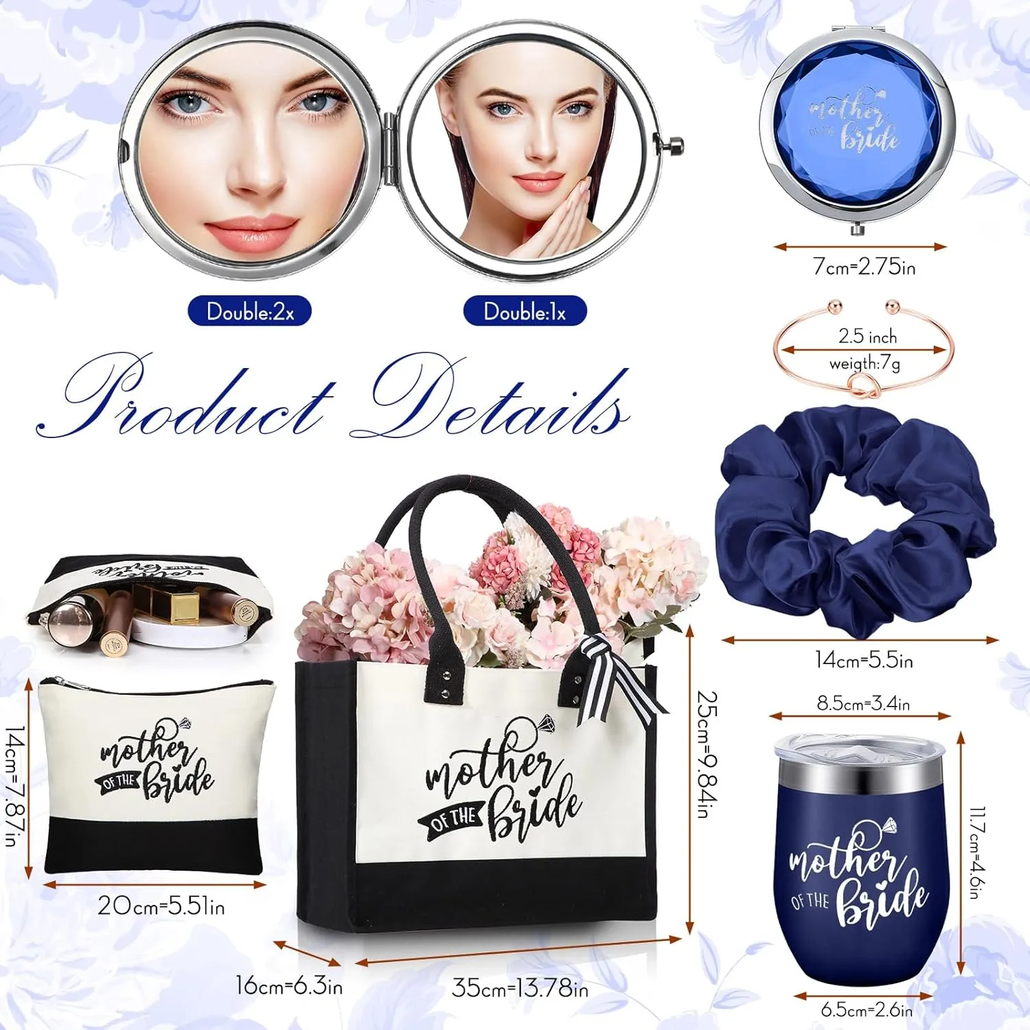Suhine 14 Pcs Mother of the Groom and Bride Gifts Set Women's Satin Robe Canvas Tote Bag with Makeup Bag 12 oz Tumbler Cup Small Makeup Mirror Scrunchies Knot Bracelet Wedding Gift for Mom(Navy Blue)
