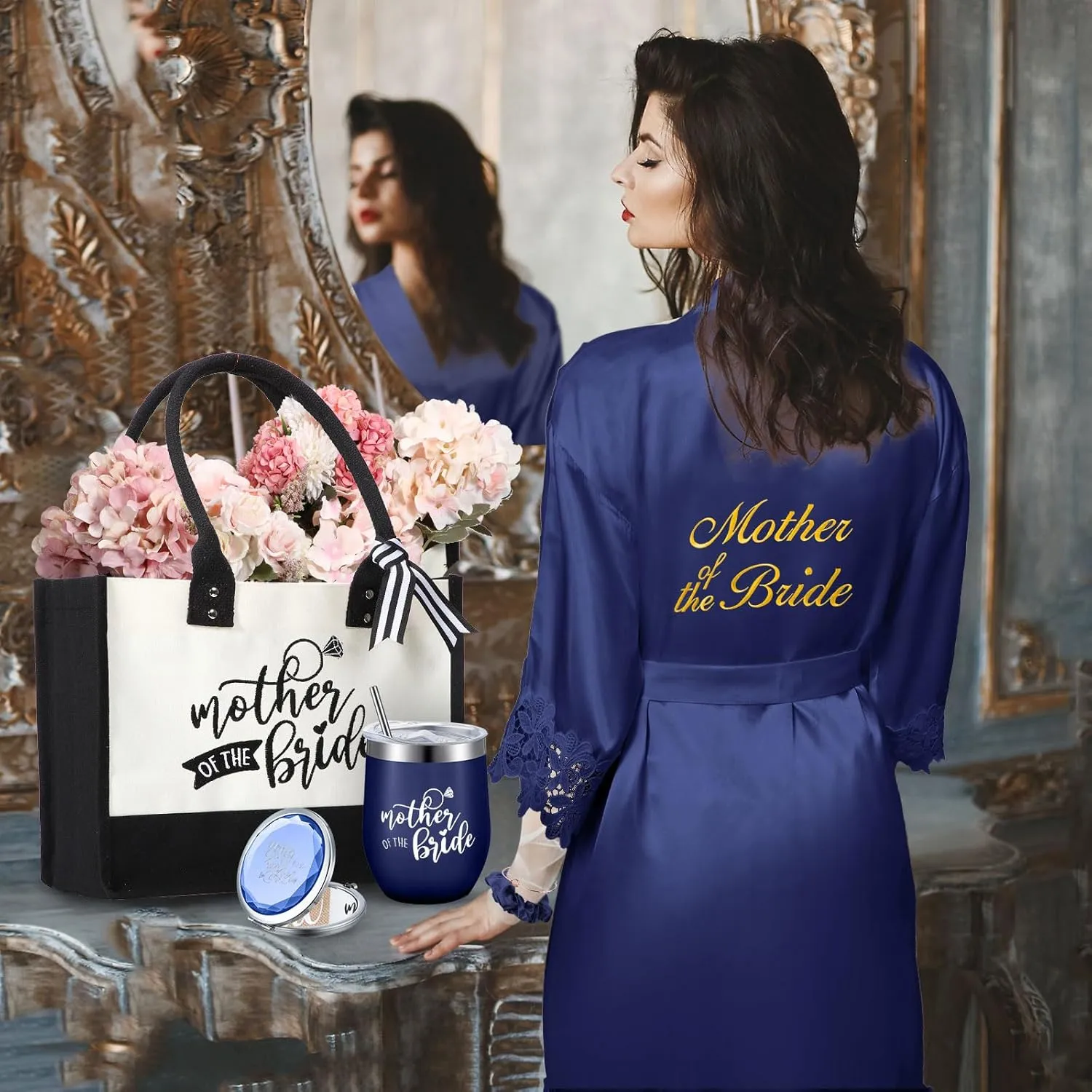 Suhine 14 Pcs Mother of the Groom and Bride Gifts Set Women's Satin Robe Canvas Tote Bag with Makeup Bag 12 oz Tumbler Cup Small Makeup Mirror Scrunchies Knot Bracelet Wedding Gift for Mom(Navy Blue)