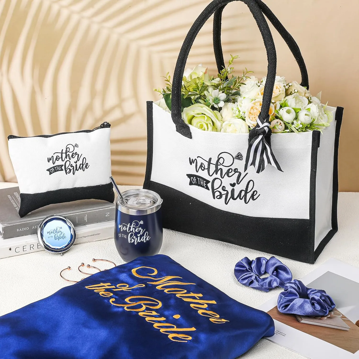 Suhine 14 Pcs Mother of the Groom and Bride Gifts Set Women's Satin Robe Canvas Tote Bag with Makeup Bag 12 oz Tumbler Cup Small Makeup Mirror Scrunchies Knot Bracelet Wedding Gift for Mom(Navy Blue)
