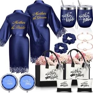 Suhine 14 Pcs Mother of the Groom and Bride Gifts Set Women's Satin Robe Canvas Tote Bag with Makeup Bag 12 oz Tumbler Cup Small Makeup Mirror Scrunchies Knot Bracelet Wedding Gift for Mom(Navy Blue)