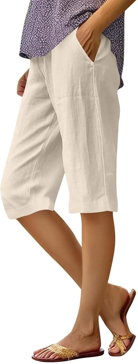 Summer Bermuda Shorts for Women Knee Length 2024 Trendy Linen Shorts Lightweight Casual Beach Short Pants w/Pockets