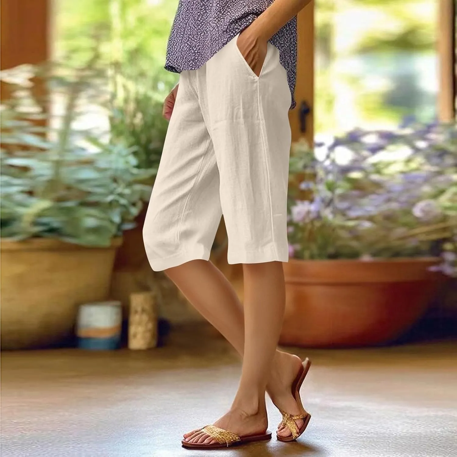 Summer Bermuda Shorts for Women Knee Length 2024 Trendy Linen Shorts Lightweight Casual Beach Short Pants w/Pockets