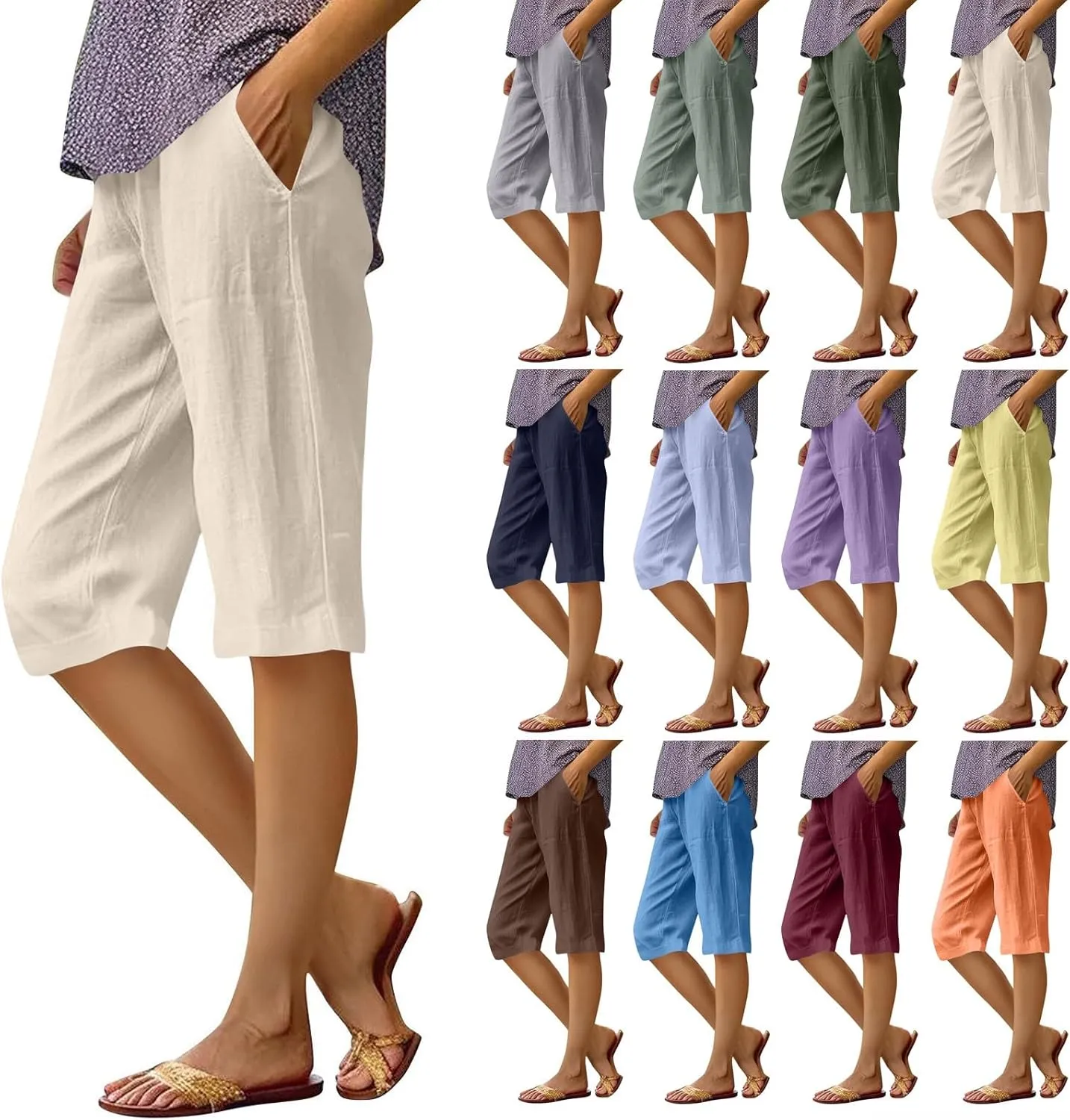 Summer Bermuda Shorts for Women Knee Length 2024 Trendy Linen Shorts Lightweight Casual Beach Short Pants w/Pockets