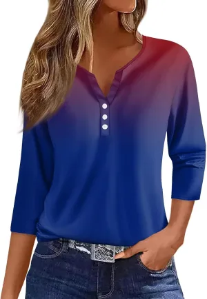 Summer Blouses for Women 2024 V Neck Button Tops Sports Fan Striped Print Shirts Trendy Relaxed Fit Blouses
