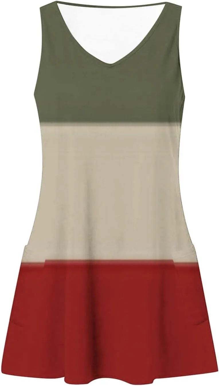 Summer Dresses for Women Color Blocked Sleeveless Casual Dress Ladies Curve Hem V-Neck Sundress with Pockets