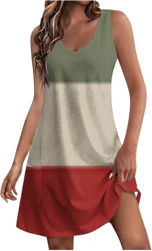 Summer Dresses for Women Color Blocked Sleeveless Casual Dress Ladies Curve Hem V-Neck Sundress with Pockets