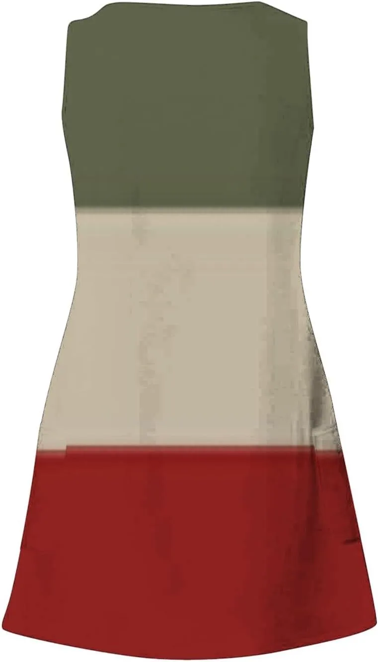 Summer Dresses for Women Color Blocked Sleeveless Casual Dress Ladies Curve Hem V-Neck Sundress with Pockets