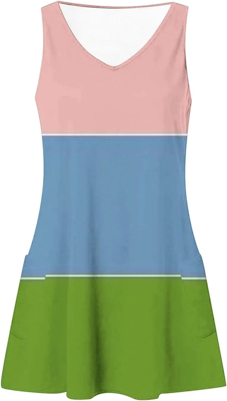 Summer Dresses for Women Color Blocked Sleeveless Casual Dress Ladies Curve Hem V-Neck Sundress with Pockets