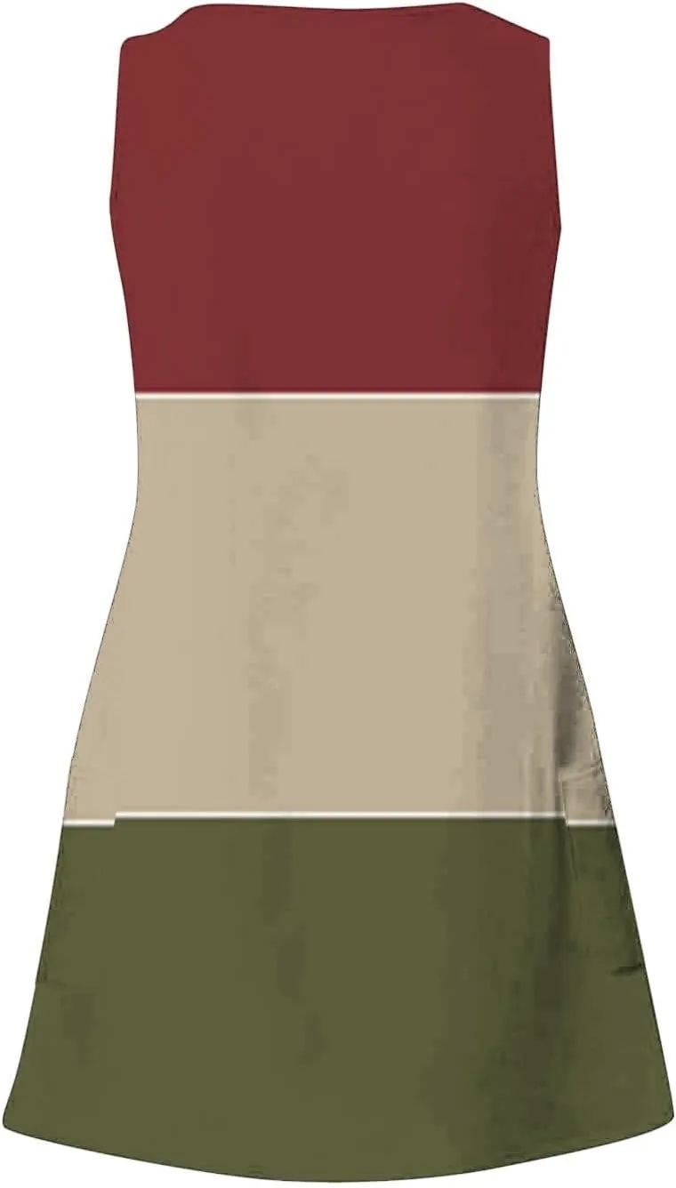 Summer Dresses for Women Color Blocked Sleeveless Casual Dress Ladies Curve Hem V-Neck Sundress with Pockets