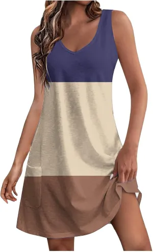 Summer Dresses for Women Color Blocked Sleeveless Casual Dress Ladies Curve Hem V-Neck Sundress with Pockets