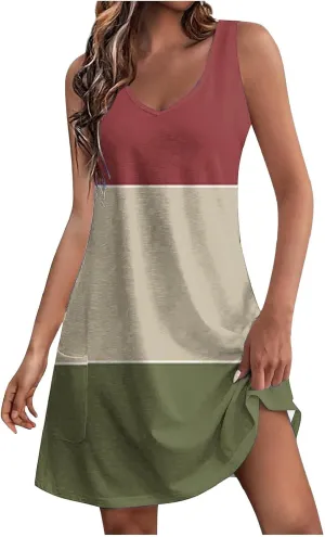 Summer Dresses for Women Color Blocked Sleeveless Casual Dress Ladies Curve Hem V-Neck Sundress with Pockets