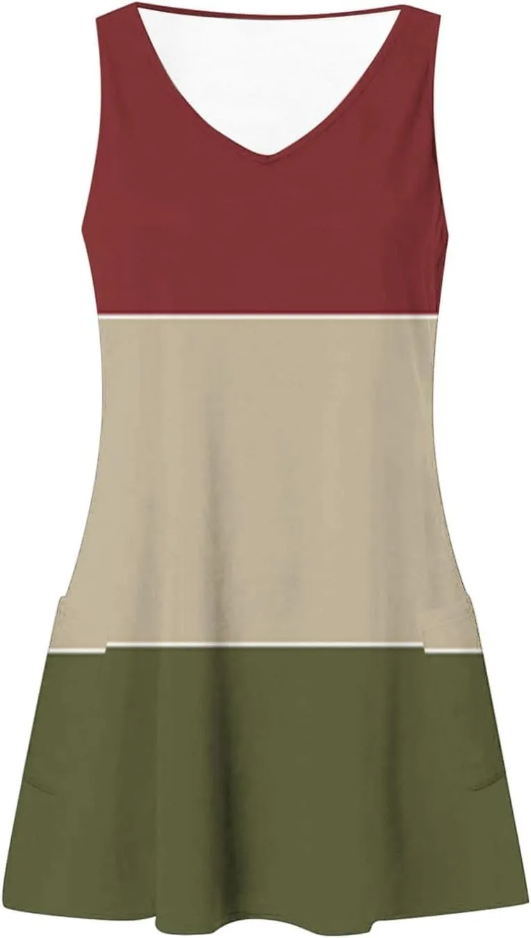 Summer Dresses for Women Color Blocked Sleeveless Casual Dress Ladies Curve Hem V-Neck Sundress with Pockets