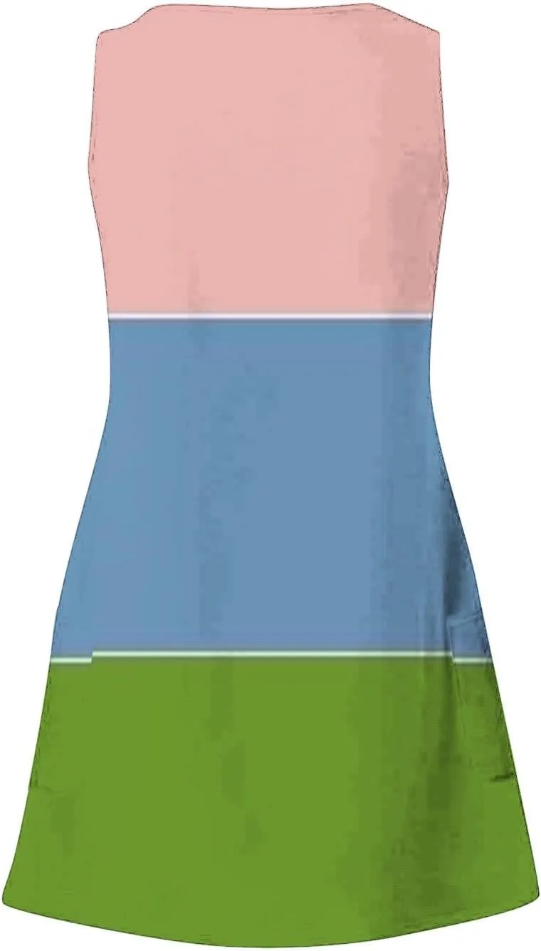 Summer Dresses for Women Color Blocked Sleeveless Casual Dress Ladies Curve Hem V-Neck Sundress with Pockets
