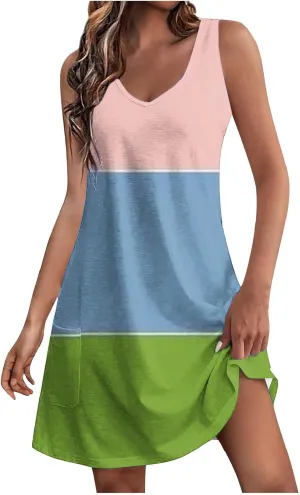 Summer Dresses for Women Color Blocked Sleeveless Casual Dress Ladies Curve Hem V-Neck Sundress with Pockets