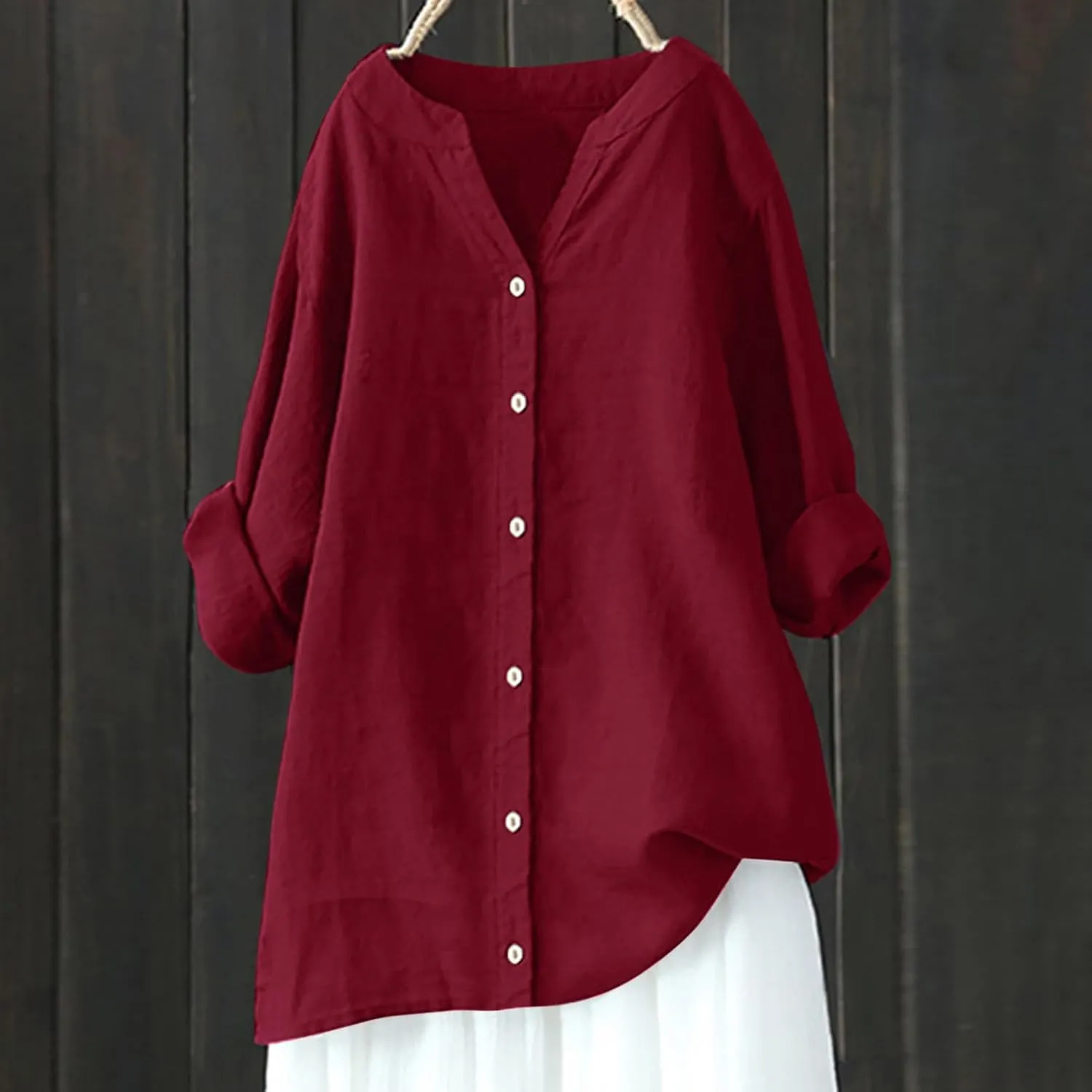 Summer Linen Tops for Women 2024 Vacation Trendy V Neck Long Sleeve Shirts Casual Button Up Tunic Clothes