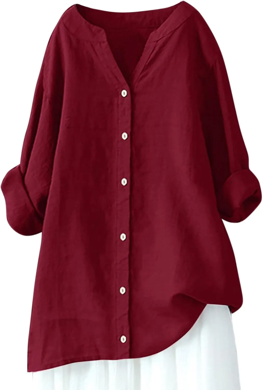 Summer Linen Tops for Women 2024 Vacation Trendy V Neck Long Sleeve Shirts Casual Button Up Tunic Clothes