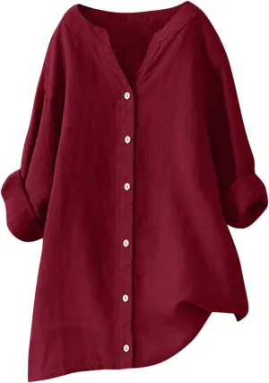 Summer Linen Tops for Women 2024 Vacation Trendy V Neck Long Sleeve Shirts Casual Button Up Tunic Clothes