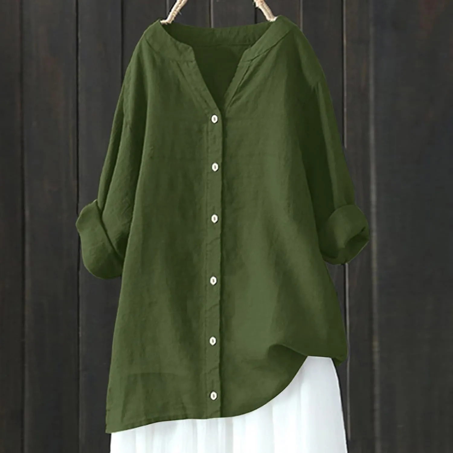 Summer Linen Tops for Women 2024 Vacation Trendy V Neck Long Sleeve Shirts Casual Button Up Tunic Clothes