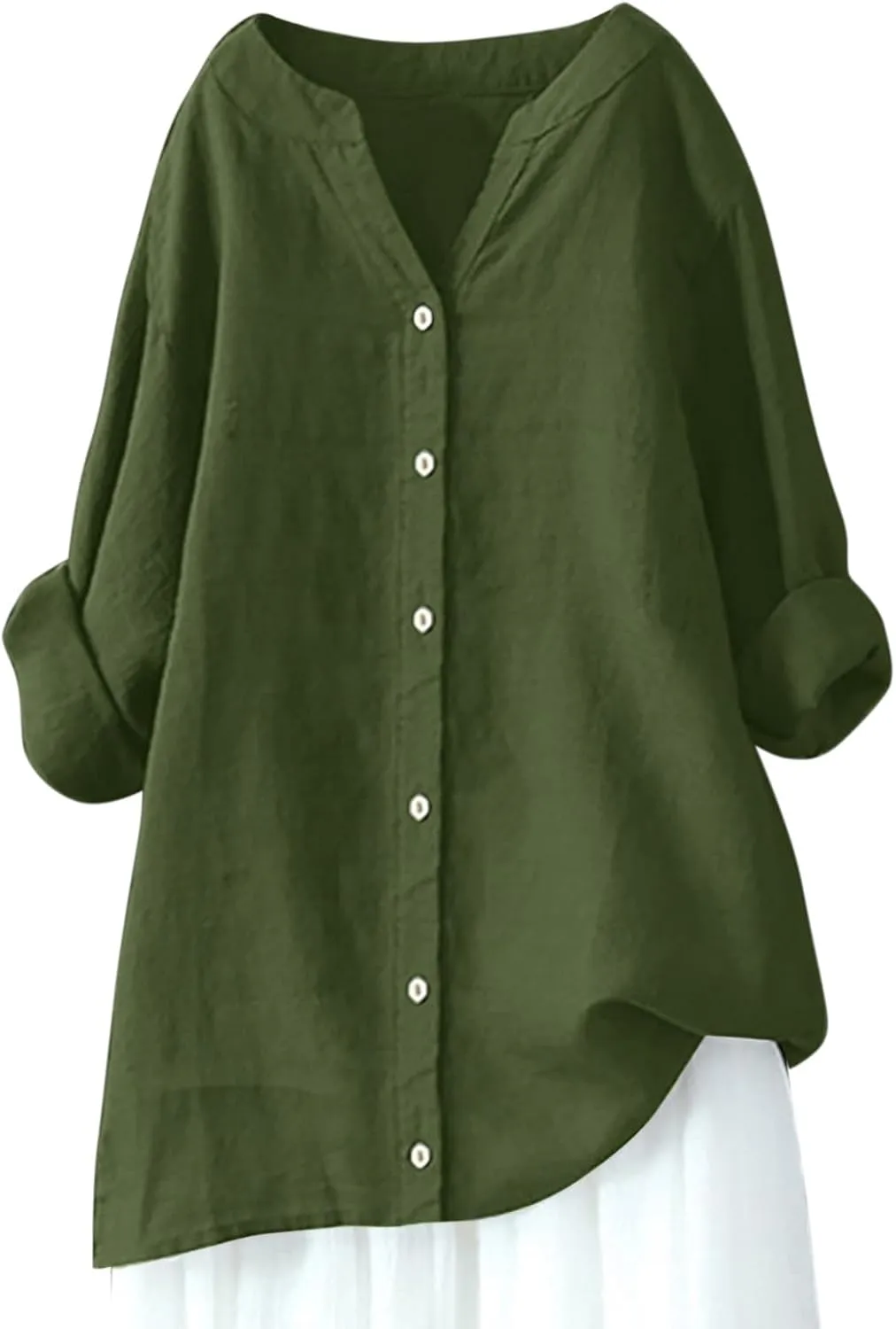 Summer Linen Tops for Women 2024 Vacation Trendy V Neck Long Sleeve Shirts Casual Button Up Tunic Clothes