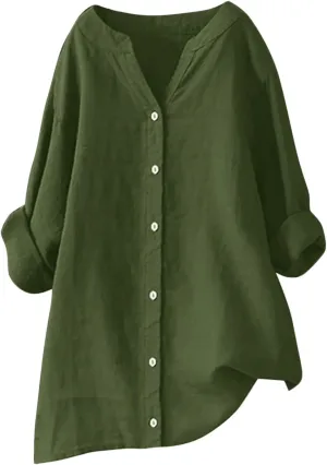Summer Linen Tops for Women 2024 Vacation Trendy V Neck Long Sleeve Shirts Casual Button Up Tunic Clothes
