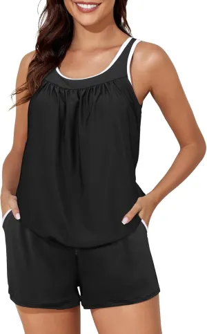 Summer Mae Blouson Women's Tankini Swimsuits Tummy Control Modest 2025 Two Piece with Sporty Pockets Bathing Suits